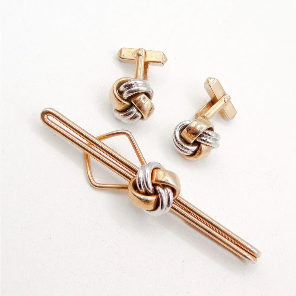 Vintage Swank Two Tone Gold Silver Love Knot Cufflinks Tie Clip Set Mens Jewelry